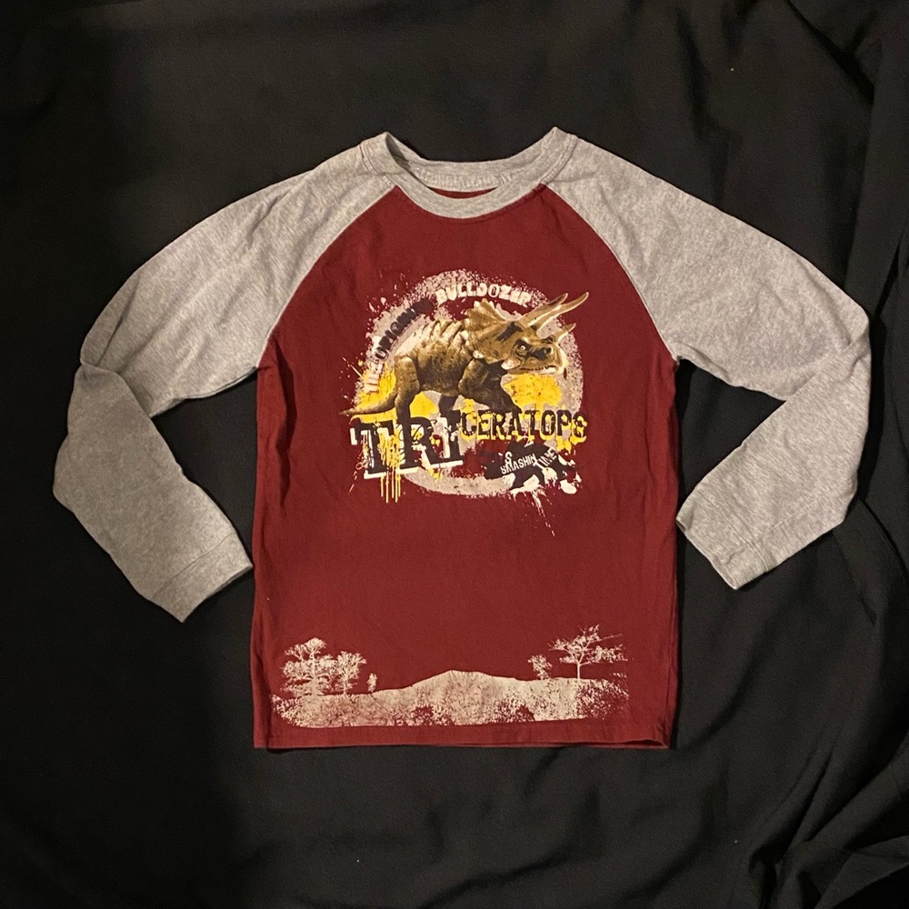 Greendog Triceratops Graphic Kids Raglan Shirt - Maroon & Gray